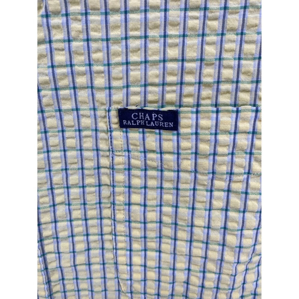 Chaps Ralph Lauren Mens XL Seersucker Plaid SS Button Down Shirt Yellow - Picture 2 of 8